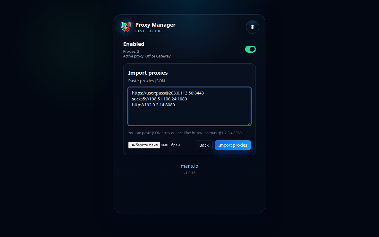 Proxy Manager importskjerm